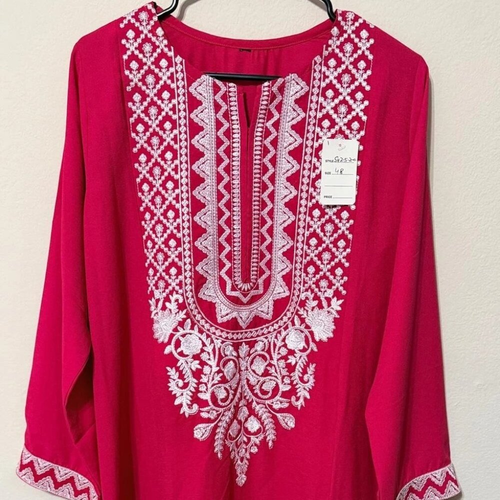 Women's Embroidered Kurta Long Shirt And Pant Set Hot Pink/White Color Size XXL